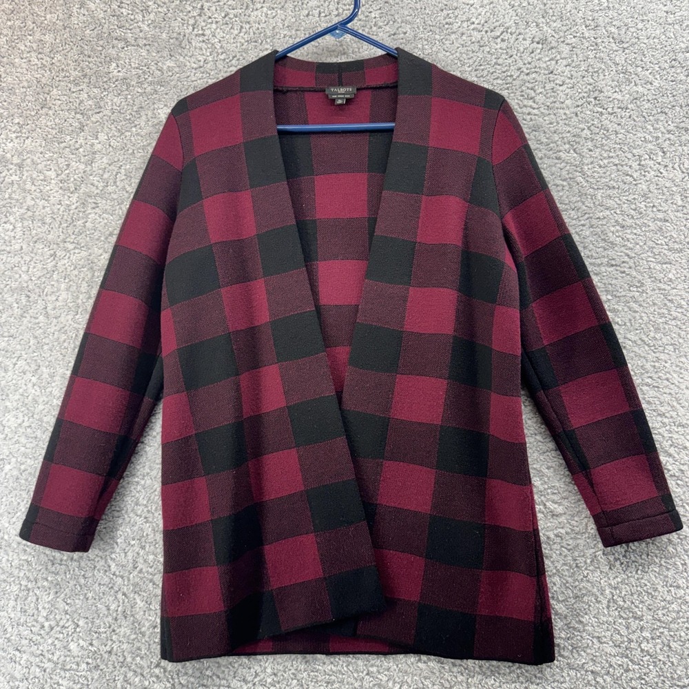 Talbots Cardigan Sweater Womens Small Petite Black Plaid Open‎ Front Merino Wool